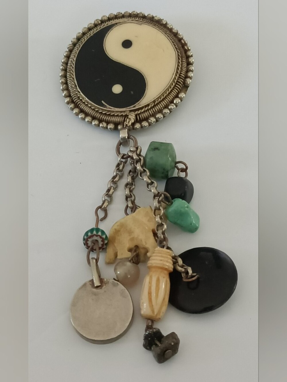 Yin Yang Charm Brooch with Black, Cream & Green Accents
